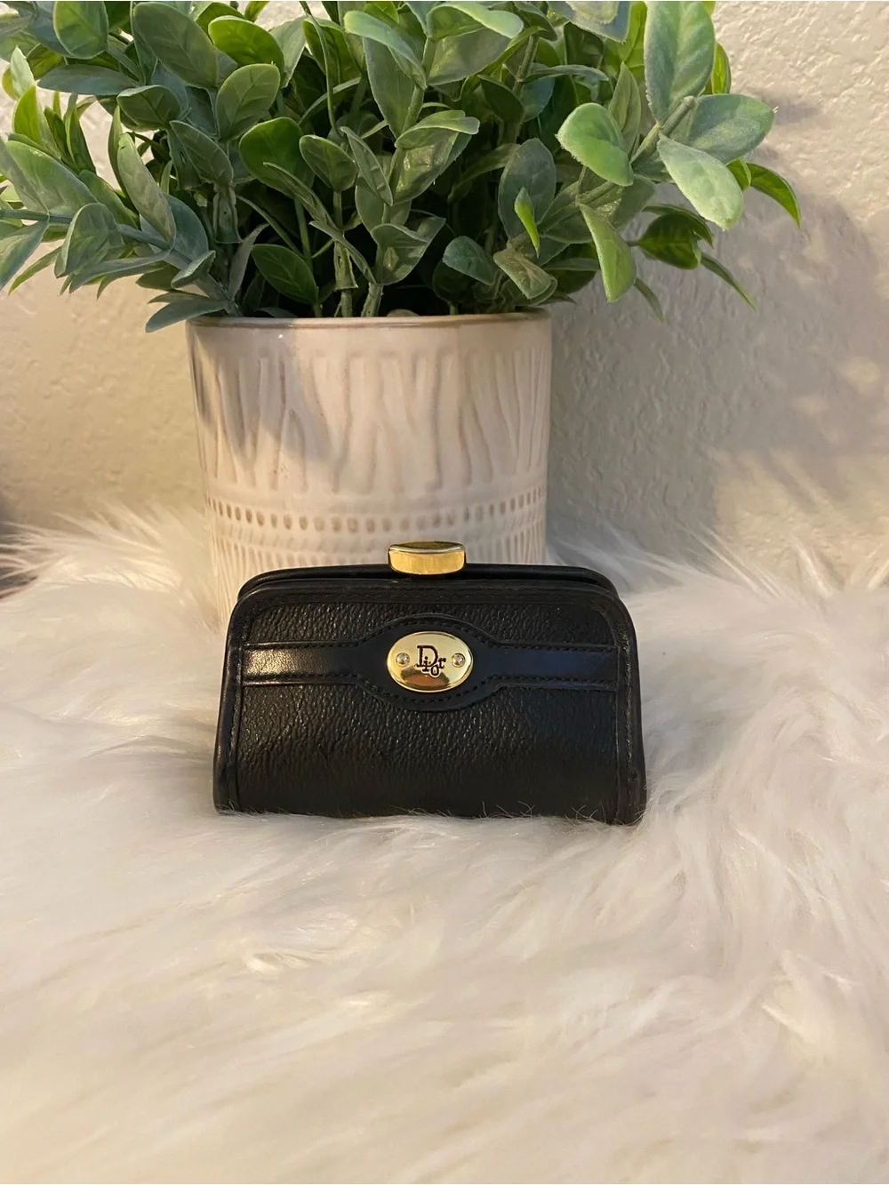 Dior Black Leather Coin Purse with Gold-Tone Logo Vintage beauty!